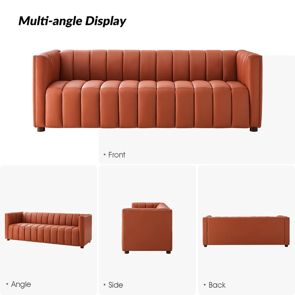 83" Genuine Leather Sofa with Channel Tufted Design, 3-Seater Sofa for Living Room Bedroom, Modern Oversized Couch with Wood Legs, Brick