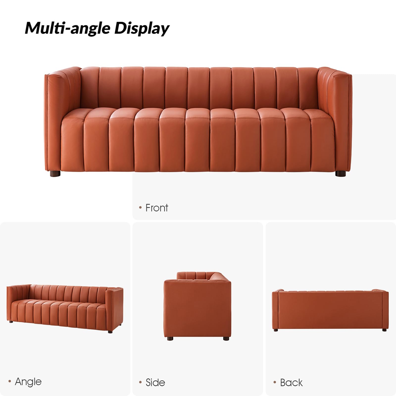 83" Genuine Leather Sofa with Channel Tufted Design, 3-Seater Sofa for Living Room Bedroom, Modern Oversized Couch with Wood Legs, Brick