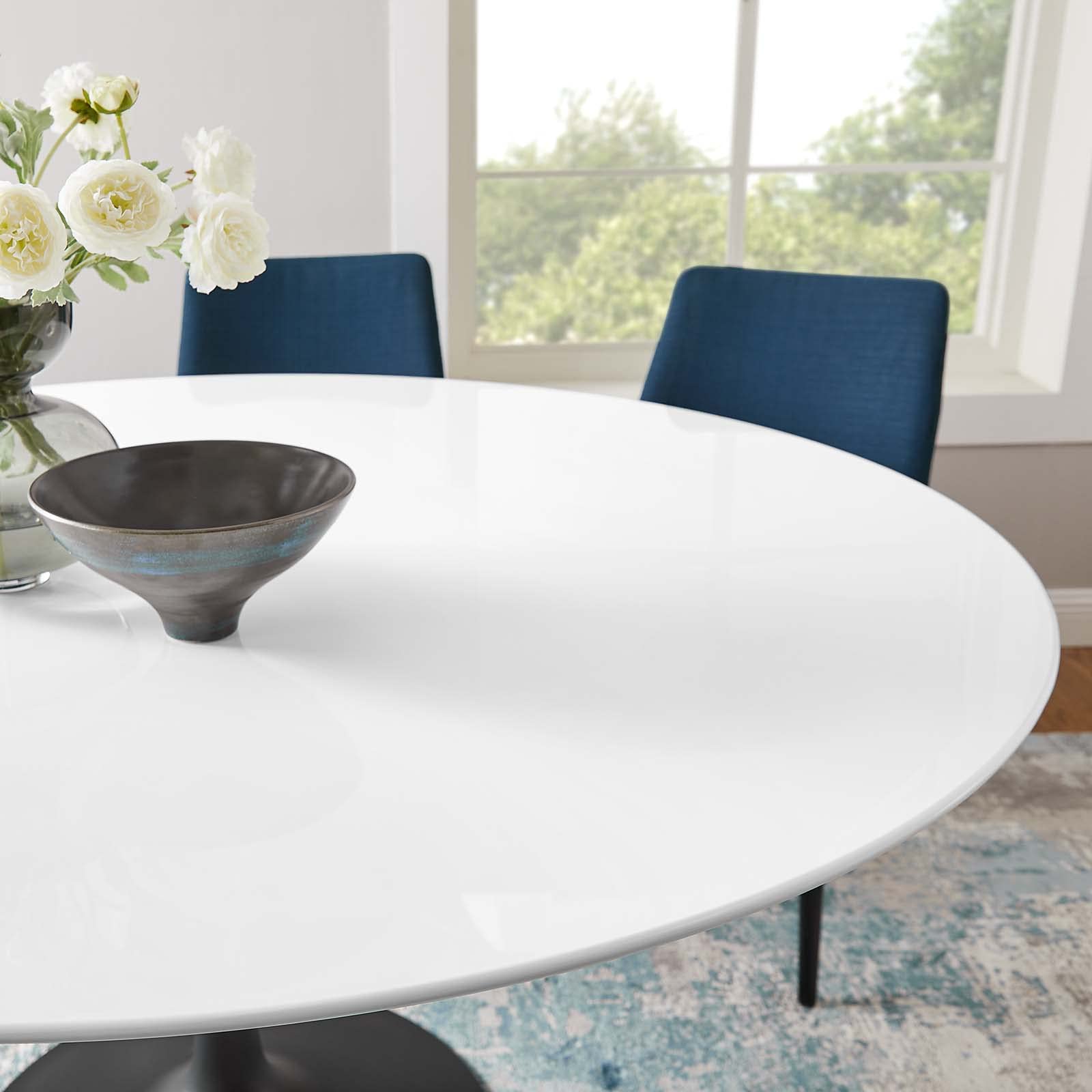 60" Round Wood Dining Table, White Top, Black Base