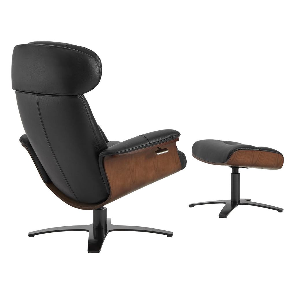 Genuine Leather Reclining Swivel Chair with Adjustable Headrest and Ottoman for Living Room, Black