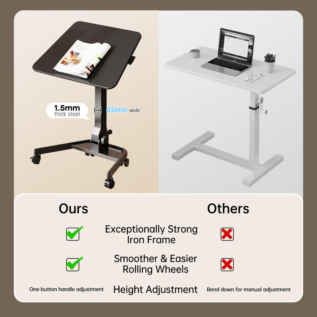 Foldable Mobile Standing Desk, Pneumatic Height Adjustable Rolling Sit Stand Desk, 90° Tiltable Portable Laptop Cart on Wheels, Mobile Desk Workstation for Home Office, Easy to Fold