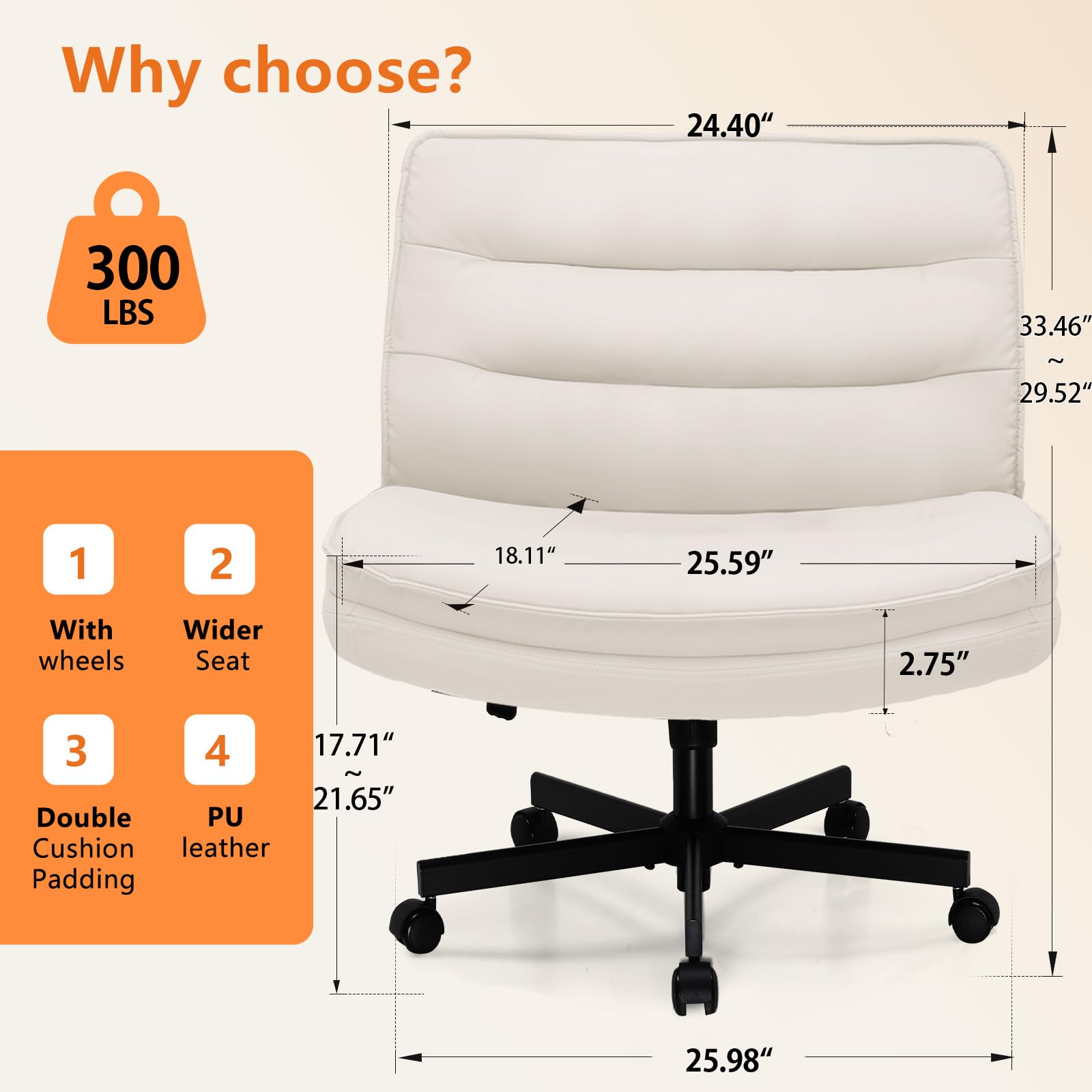 Criss Cross Chair with Wheels Armless Cross Legged Office Chair Wide Home Office Desk Chair Swivel Comfy Vanity Desk Chair Height Adjustable Mid Back Wide Seat Computer Task Chair
