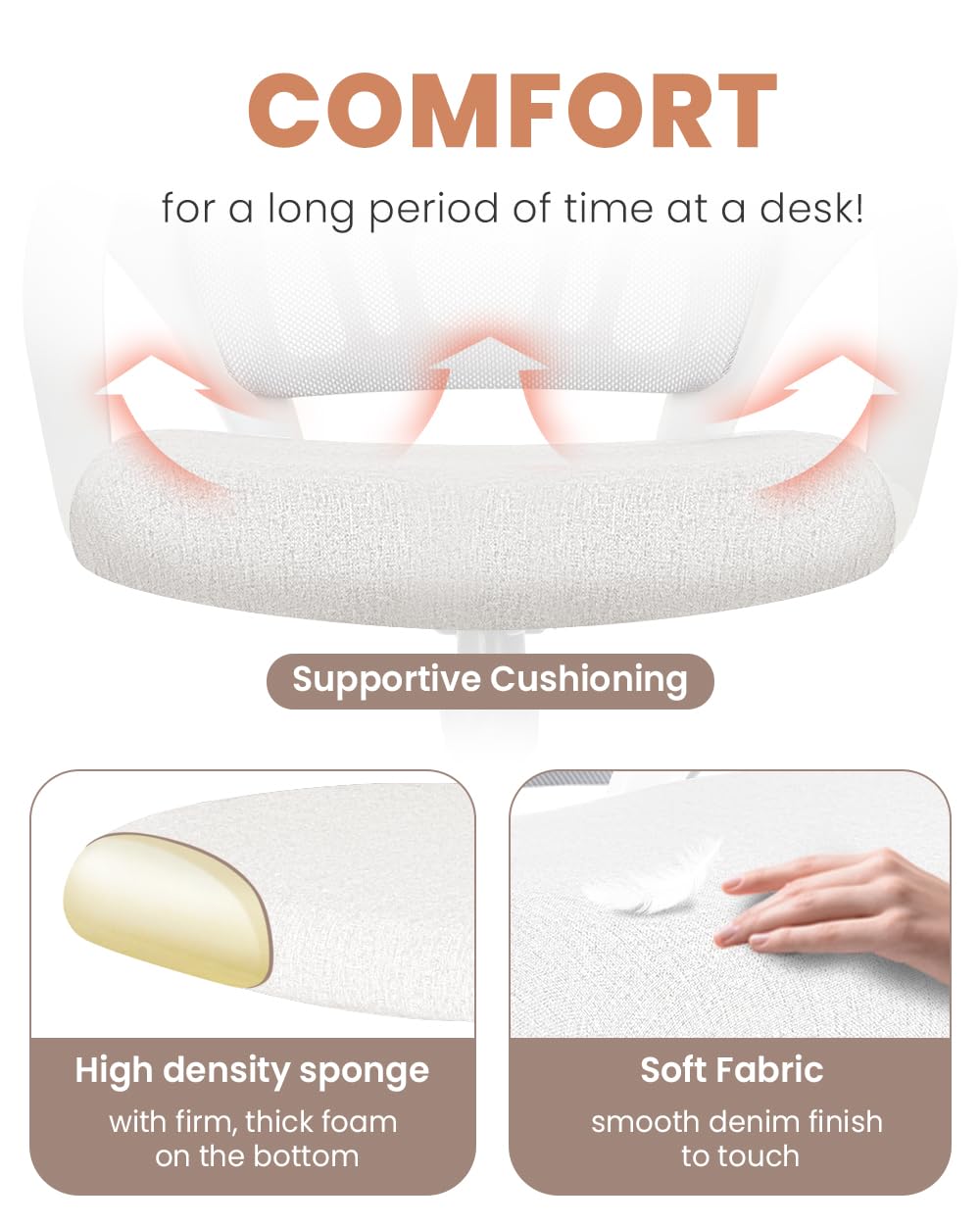Office Desk Computer Chair Ergonomic Mesh Gaming Cushion Seat with Comfy Lumbar Mid Back Support Adjustable Height Swivel Rolling Wheels for Home Task (Ivory)