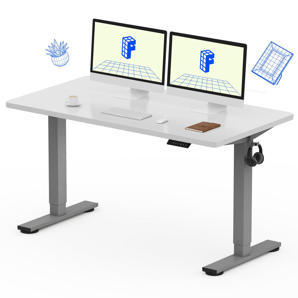 EN1 One-Piece Standing Desk, Electric Adjustable with 4 Memory Presets, 176 LBS Capacity, Stable & Quiet, Seamless Desktop for Home Office & Dual Monitors, 55"x28" White(Silver Frame)