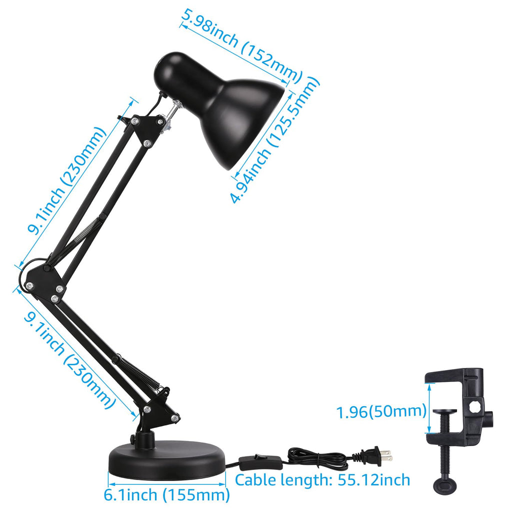 Metal Desk Lamp with Clamp, Swing Arm, Architect Adjustable Gooseneck Table Lamp, Clip Desk Lights for Home Office, Work, Study, Reading, E26 Base, Multi-Joint, Black