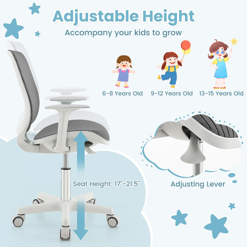 Kids Desk Chair, Height Adjustable Children Study Computer Chair with Armrests, Sit-Brake Casters, Swivel Mesh Task Chair for Boys Girls Teens Students, Kids Chair for Home, Office (Gray)