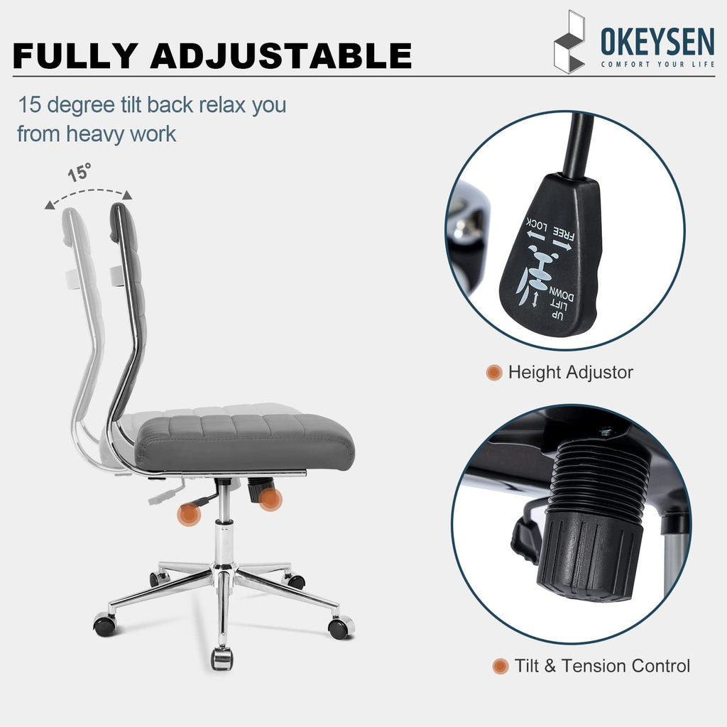 Armless Office Desk Chair, Mid Back Ergonomic Swivel Conference Room Chair, Adjustable Height PU Leather Home Desk Chair with Lumbar Support, Modern Small Rolling Computer Task Chair, Gray