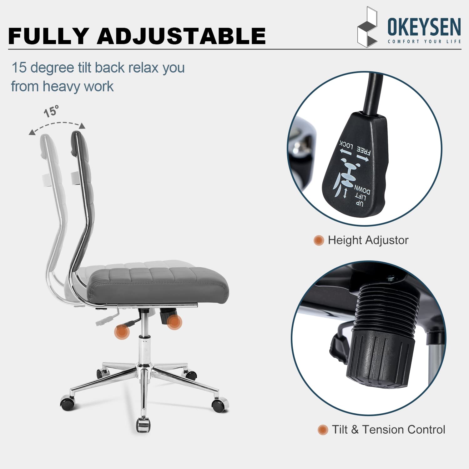Armless Office Desk Chair, Mid Back Ergonomic Swivel Conference Room Chair, Adjustable Height PU Leather Home Desk Chair with Lumbar Support, Modern Small Rolling Computer Task Chair, Gray