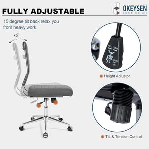 Armless Office Desk Chair, Mid Back Ergonomic Swivel Conference Room Chair, Adjustable Height PU Leather Home Desk Chair with Lumbar Support, Modern Small Rolling Computer Task Chair, Gray