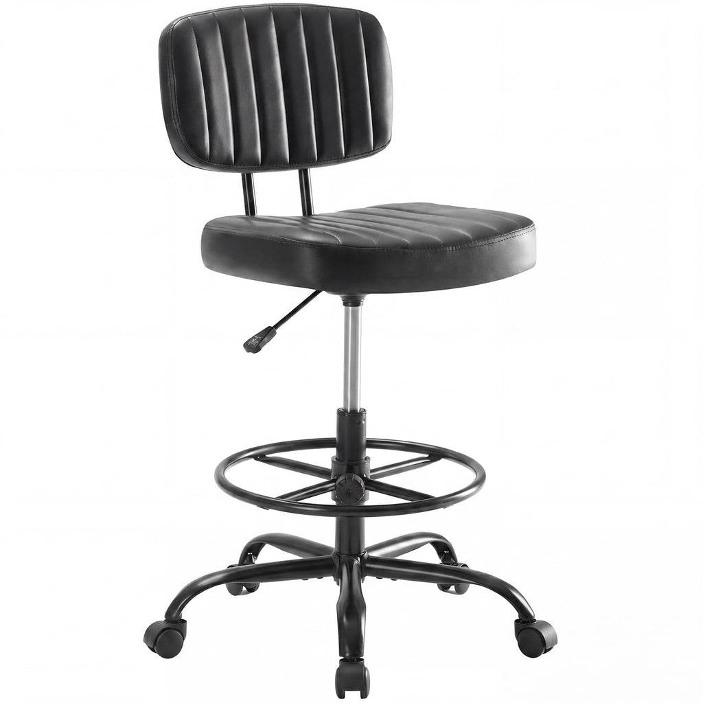 Armless Drafting Chair, Low Back Office Seat with Adjustable Footrest Ring for Standing Desk, Ergonomic PU Leather Office Seating, Swivel Rolling High Stool for Studio, Lab, Counter, Black