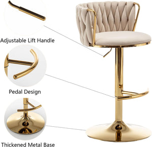 Gold Velvet Bar Stools Set of 3, Swivel Counter Height Bar Stools with Back, Adjustable Woven Barstools for Kitchen Island, Pub, Club (Beige)