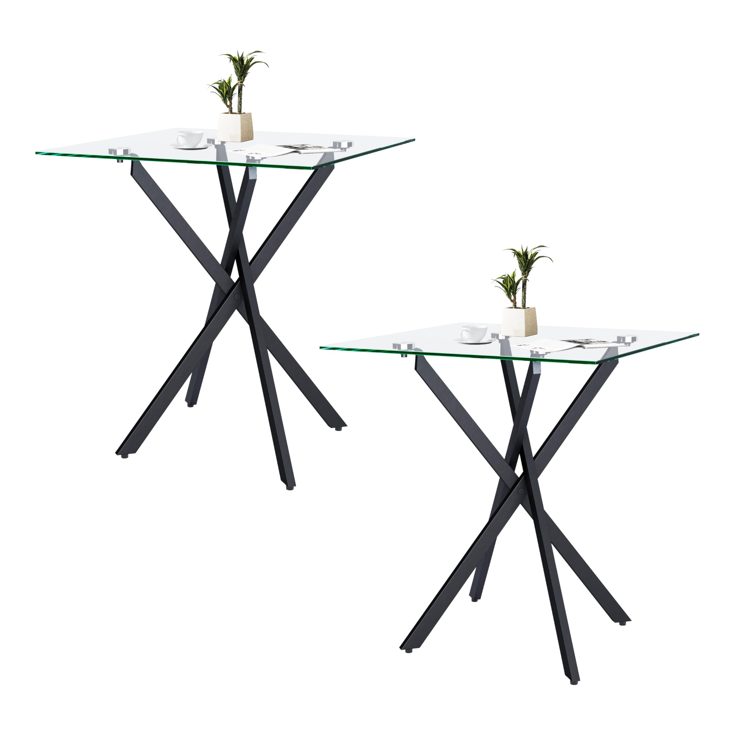 Small Side Coffee Table Set of 2 with Metal Legs, Tempered Glass Square Modern End Table for Living Room Sofa Home Office (2 Pieces, Black, 20"×20"×22")