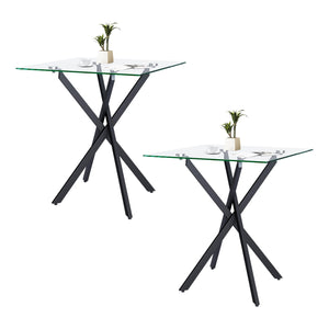 Small Side Coffee Table Set of 2 with Metal Legs, Tempered Glass Square Modern End Table for Living Room Sofa Home Office (2 Pieces, Black, 20
