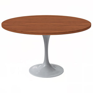 Mid-Century Modern 48 Inch Round Dining Table, MDF Wood Tabletop with White Steel Pedestal Base, Large Pedestal Kitchen & Dining Room Table, Breakfast Nook Table (Cognac Brown)