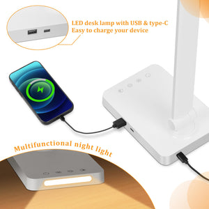 LED Desk Lamp with USB Ports, Touch Control, 5 Color Modes, 3 Brightness Levels, Foldable Design, White