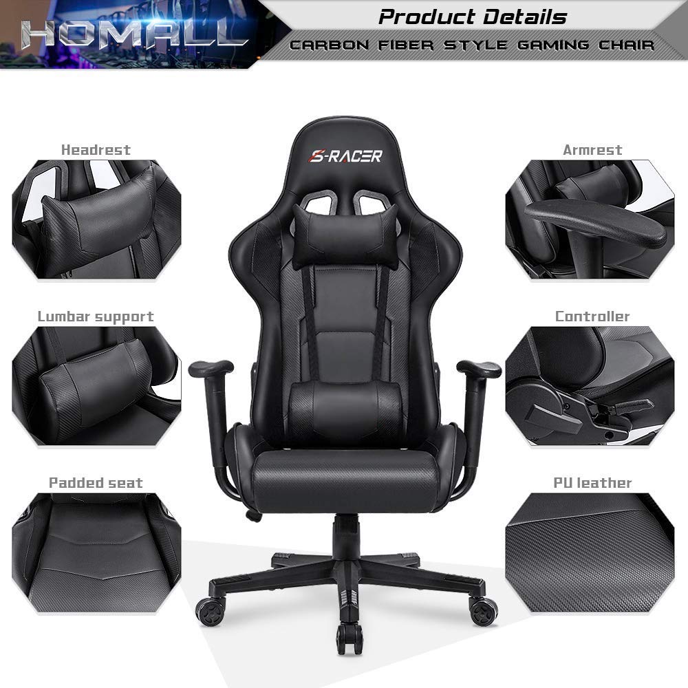 Gaming Chair, Office Chair High Back Computer Chair Leather Desk Chair Racing Executive Ergonomic Adjustable Swivel Task Chair with Headrest and Lumbar Support (Dark Black)