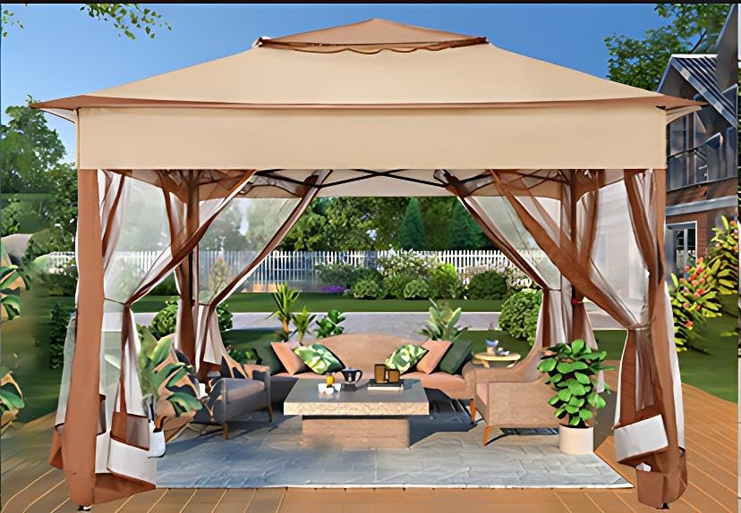 11x11 Pop Up Gazebo Canopy Tent Easy Up Outdoor Gazebo Waterproof Upgrade Portable Gazebo with Mosquito Nettings, Double Vented Roof and Carry Bag for Patio Garden Lawn(Khaki)
