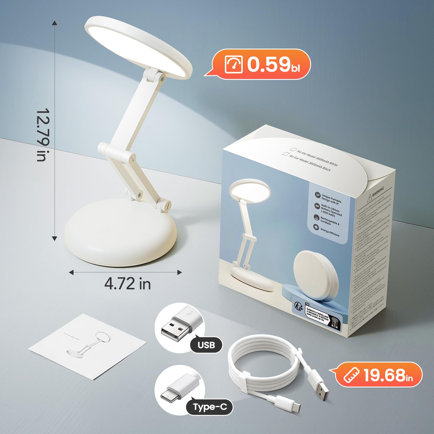 Cordless Desk Lamp,Dimmable Small Battery Powered Lights,3600mAh Rechargeable Wireless Table Lamp,Mini Lamp&Portable Light for Bed,Book Reading,Home for Small Spaces,Nail Light,Craft,Office