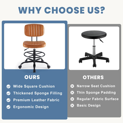 Armless Drafting Chair, Low Back Office Seat with Adjustable Footrest Ring for Standing Desk, Ergonomic PU Leather Office Seating, Swivel Rolling High Stool for Studio, Lab, Counter, Brown