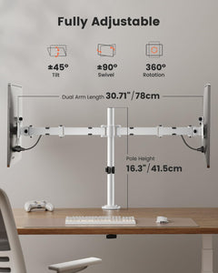 Fully Adjustable Dual Monitor Mount for 2 Screens up to 32 Inches, Holds up to 17.6 lbs Each Arm, Desk Stand, White