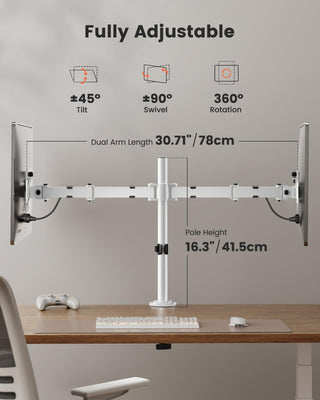 Fully Adjustable Dual Monitor Mount for 2 Screens up to 32 Inches, Holds up to 17.6 lbs Each Arm, Desk Stand, White