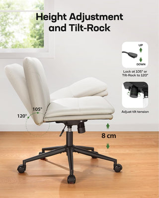 Criss Cross Office Chair with Wheels, Armless Wide Desk Chair for Active Sitting, PU Leather Cross Legged Chair for Home Office, Pet-Friendly & Easy Clean, Beige