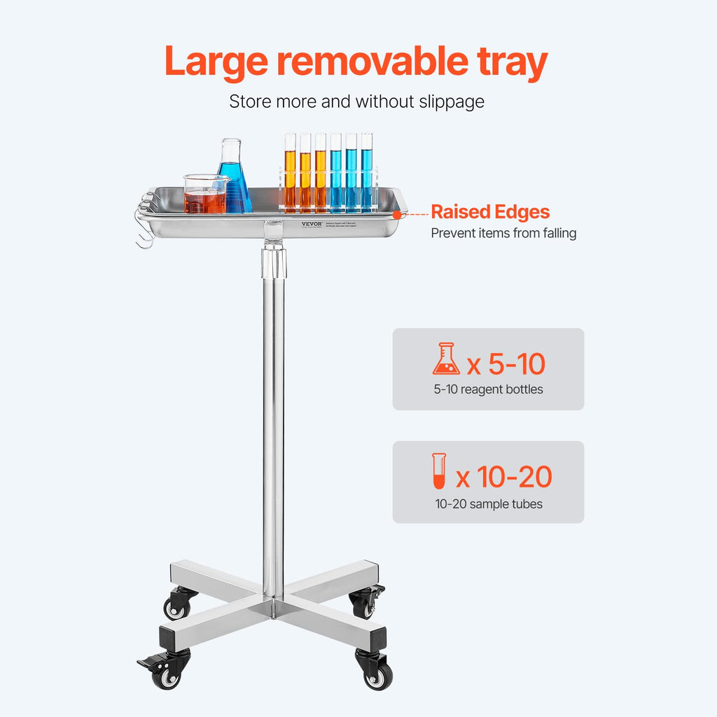 Mayo Stand, Stainless Steel Mayo Tray, Load Capacity up to 36 lbs, Adjustable Height 31.9"-55", Medical Tray on Wheels with Removable Tray for Spa, Salon, Clinic, Personal Care
