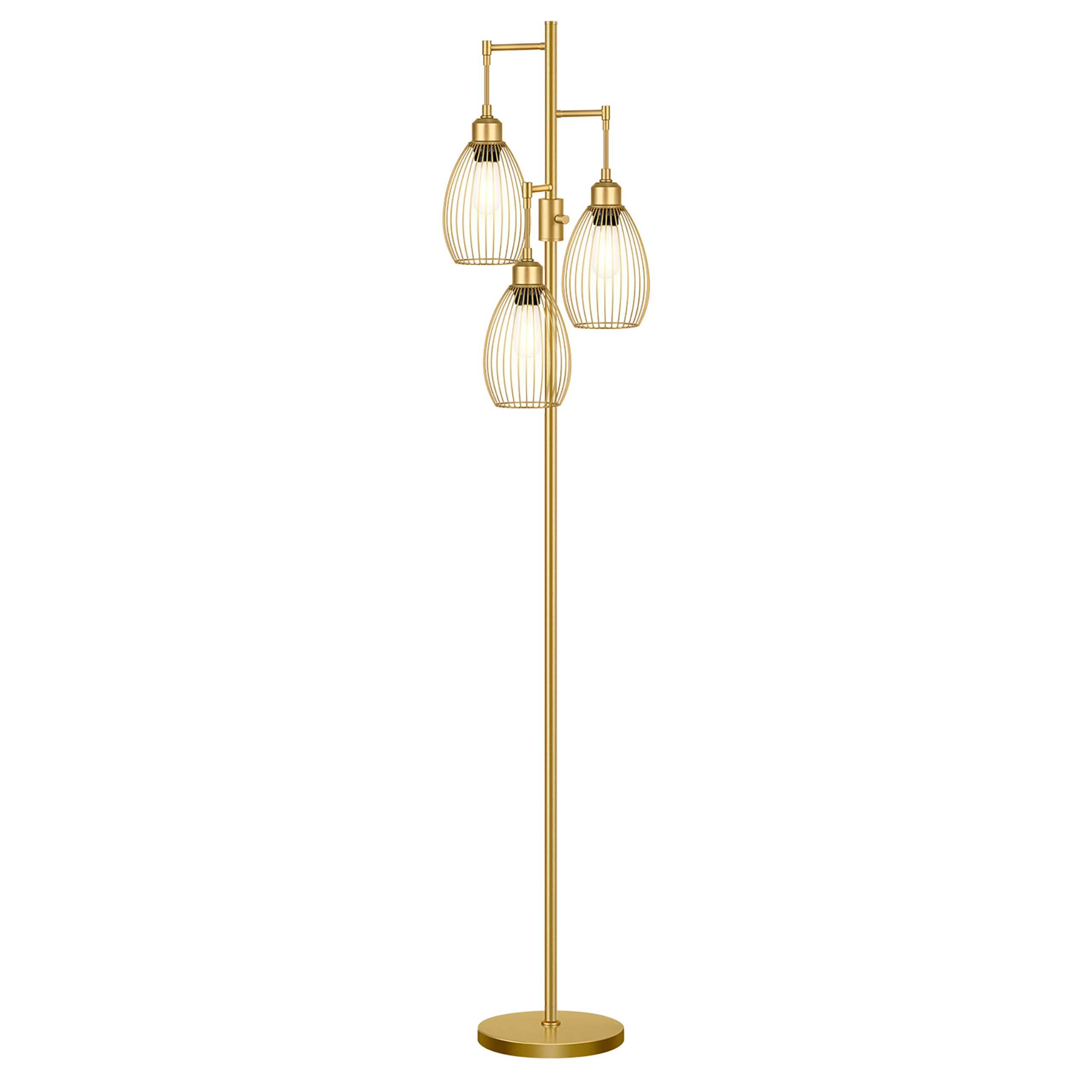Dimmable Floor Lamp, 3 x 800LM LED Edison Bulbs Included, Farmhouse Industrial Floor Lamp Standing Tree Lamp with Elegant Teardrop Cage Head Tall Lamp for Living Room Bedroom Office Dining Room - Gold