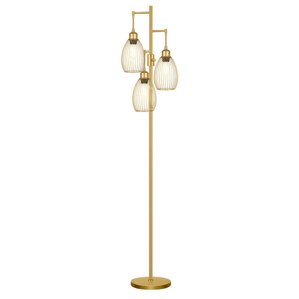 Dimmable Floor Lamp, 3 x 800LM LED Edison Bulbs Included, Farmhouse Industrial Floor Lamp Standing Tree Lamp with Elegant Teardrop Cage Head Tall Lamp for Living Room Bedroom Office Dining Room - Gold