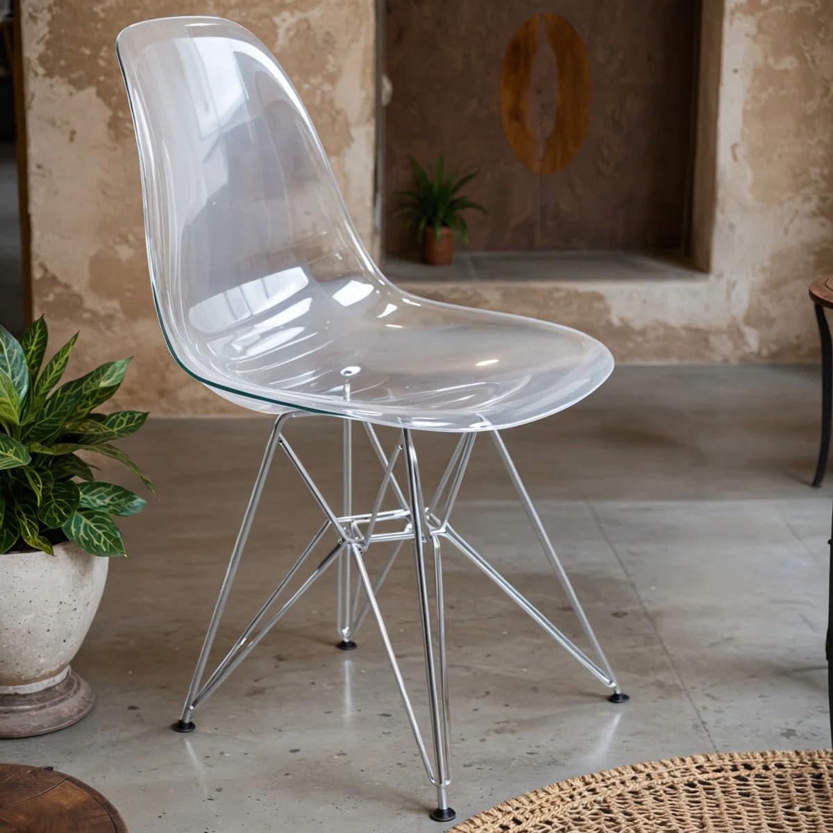 Dining, Modern Chrome Eiffel Base and Curved Back Design, Ergonomic and Lightweight Accent Side Chair for Mid-Century Home, Kitchen, and Café (Clear, Singles)