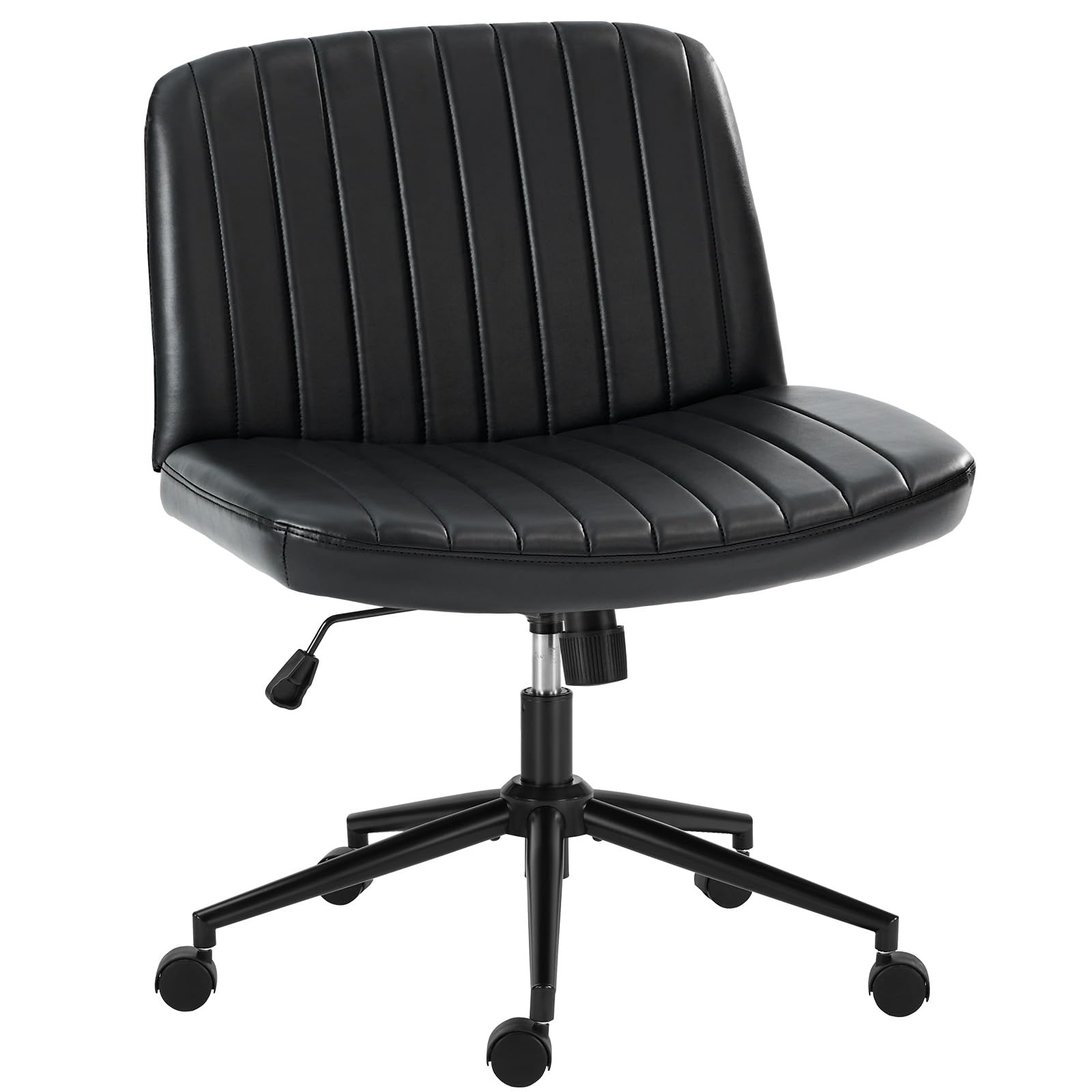 Criss Cross Chair with Wheels Wide Cross Legged Office Desk Vanity Chair Comfy Fabric Armless Adjustable Swivel for Home Computer Task PU Black