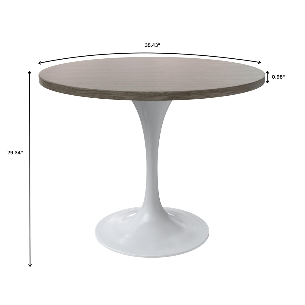 Mid-Century Modern 36 Inch Round Dining Table, MDF Wood Tabletop with White Steel Pedestal Base, Contemporary Kitchen & Dining Room Table, for Small Spaces (Dark Maple)