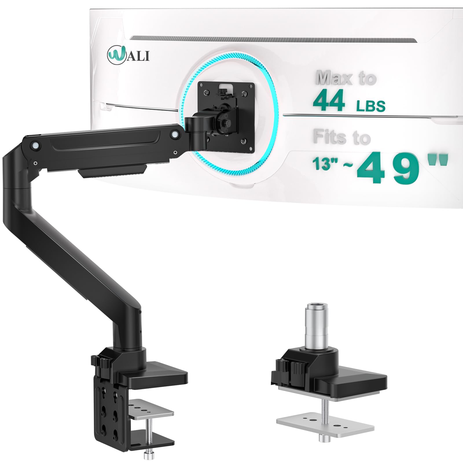 Ultrawide Single Monitor Arm for 13-49 Inch Heavy Duty 1000R Curved Screens, up to 44 Lbs, Adjustable Single Monitor Desk Mount with C-Clamp, Grommet Base, 75/100mm VESA Mount (GSM001XL), Black