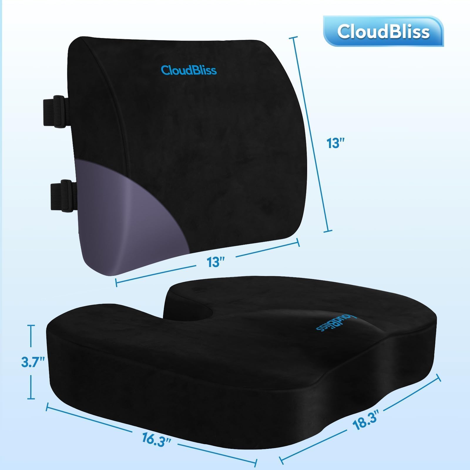 Lumbar Support Pillow & Seat Cushion Set for Office Chair, Desk Chair, Wheelchair & Car–Memory Foam Back Support,Ergonomic Chair Cushions,Sciatica Pain Relief,Home Essentials(Black,XL)