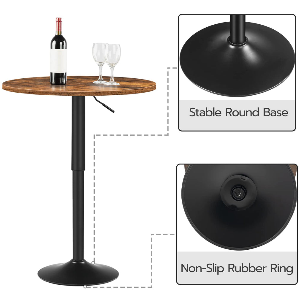 Bar Table, Height-Adjustable Round Pub Table 27-35.4 Inches with Sturdy Base, Modern Style, Easy to Assemble, Suitable for Small Space, Rustic and Black