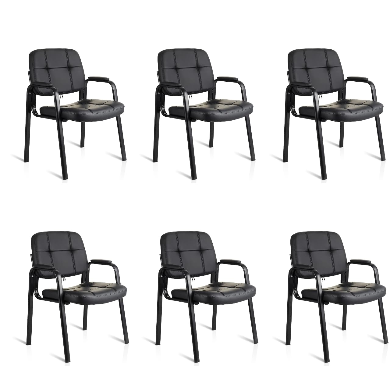 6 Pack, Waiting Room Guest Chair with Bonded Leather Padded Arm Rest for Office Reception and Conference Desk Black