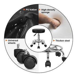 Round Rolling Stool Chair PU Leather Height Adjustable Swivel Drafting Work SPA Shop Medical Salon Stools with Wheels Office Chair Small (Black)