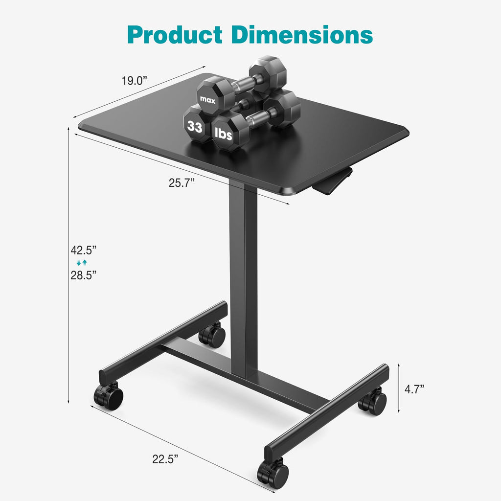 Small Rolling Desk Mobile Standing Portable Laptop PC Table with Wheels, Adjustable Height Computer Workstation for Bedroom Study Use, Space Saving Home Office Desk, Modern Black