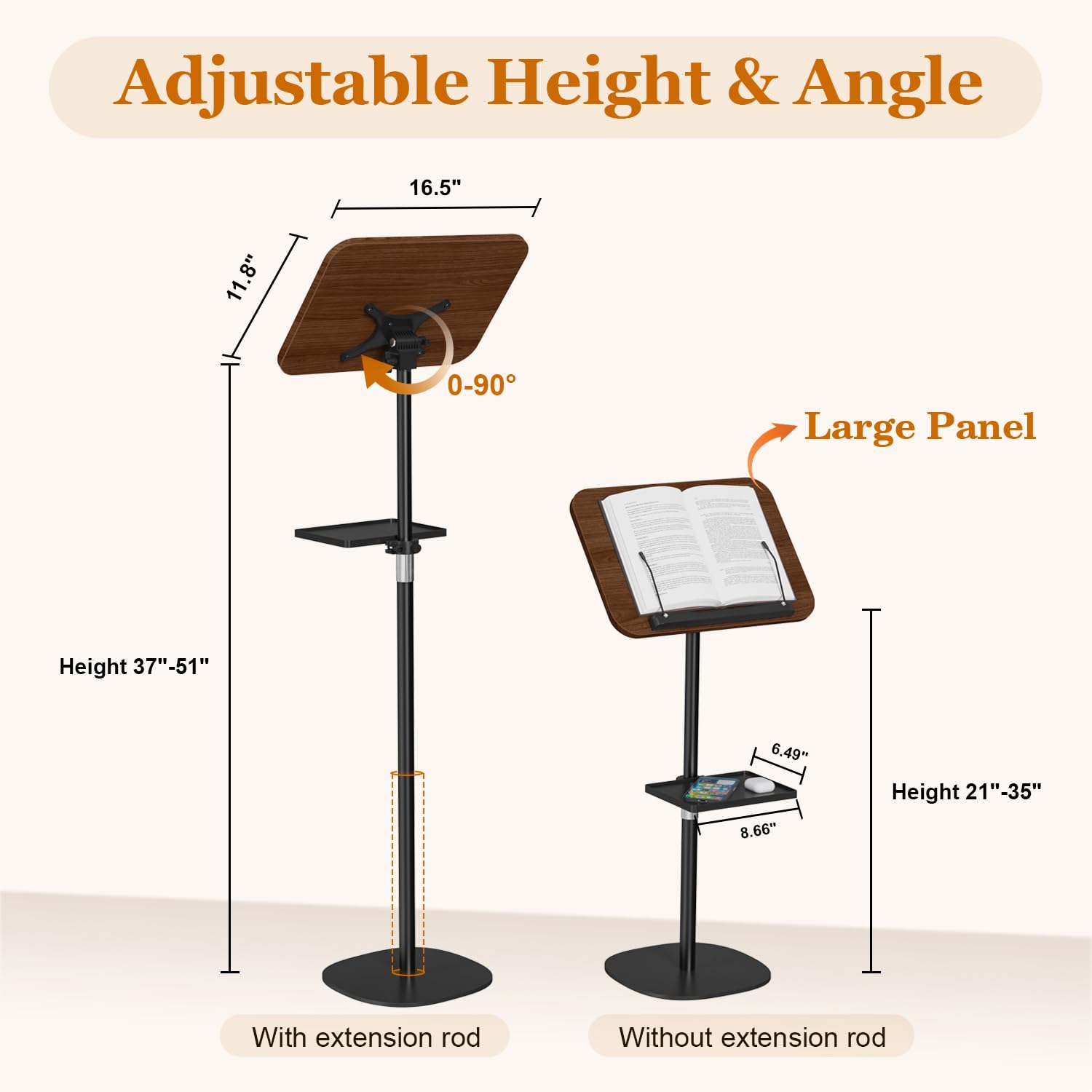 Snughome Lectern Podium Stand with Storage Tray, Height Adjustable Lectern Stand Mobile Podium, Portable Floor Standing Podium Lectern for Church, Weddings, Classroom, Speech