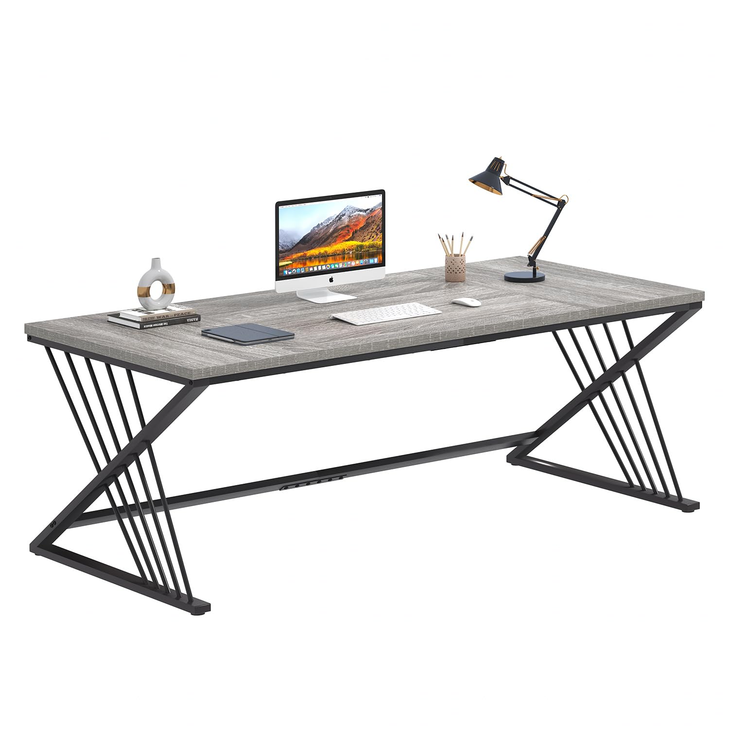 70.9" Industrial Computer Desk with Z-Shaped Legs, Modern Home Office Desk for 2 Person, Large Gaming Executive Workstation Study Table for Bedroom Writing, Light Grey