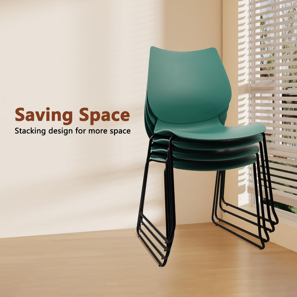 Set of 4, Green, Stackable Waiting Room Chair, Stacking Office Chair with Ergonomic Lumbar Support and Metal Legs, Plastic Desk Chairs for Conference School Church Guest Reception