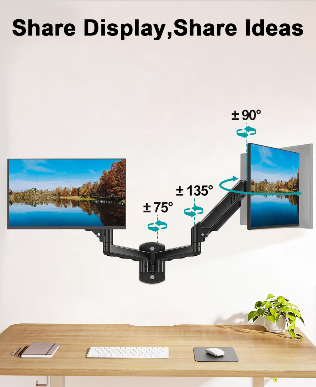 Dual Monitor Wall Mount for 2 Computer Screen up to 32 Inch, Gas Spring Double Monitor Arm Holds Up to 17.6lbs Each, Full Motion Adjustable Wall Monitor Mount, VESA Mount 75x75/100x100