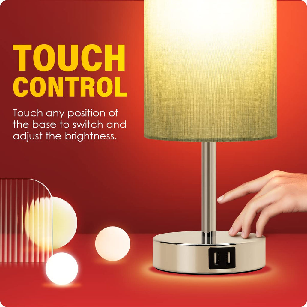 Bedside Lamp with USB Port - Touch Control Table Lamp for Bedroom 3 Way Dimmable Nightstand Lamp with Round Denim Fabric Shade for Living Room, Dorm, Home Office (LED Bulb Included)