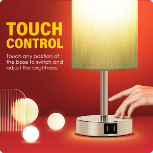 Bedside Lamp with USB Port - Touch Control Table Lamp for Bedroom 3 Way Dimmable Nightstand Lamp with Round Denim Fabric Shade for Living Room, Dorm, Home Office (LED Bulb Included)