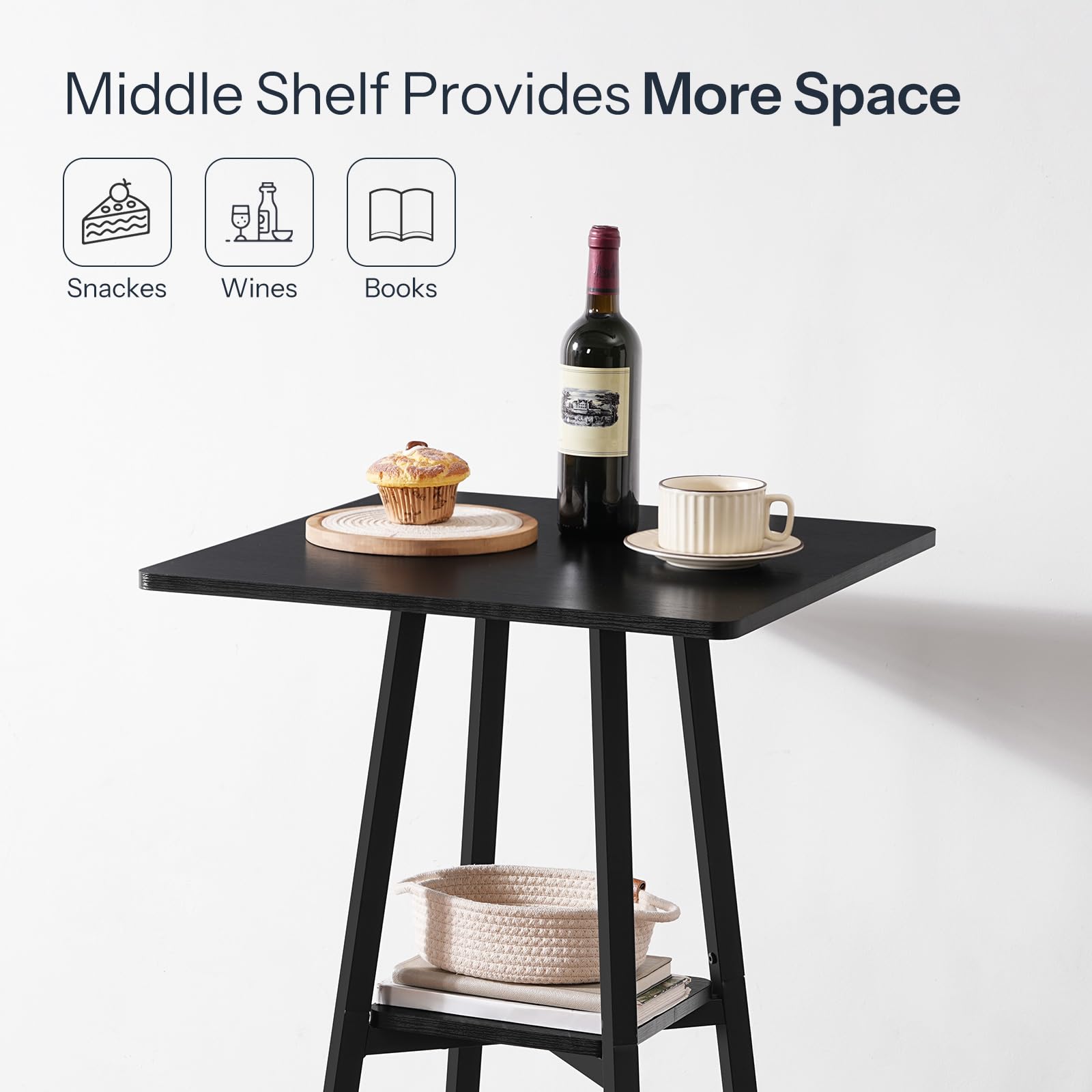 Bar Table, 2-Tier High Top Pub Table, Counter Height Table with Storage, Small Kitchen Dining Table, 36.6" High Bar Table for Living Room Party, Easy to Assemble, Black