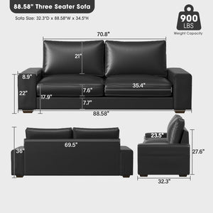 Faux Leather Couch, Mid Century Modern Comfy Loveseat Sofa with Wide Arm, Side Pockets, Solid Wooden Frame for Office, Living Room and Bedroom, 3 Seater (Black, 88.58 inches)