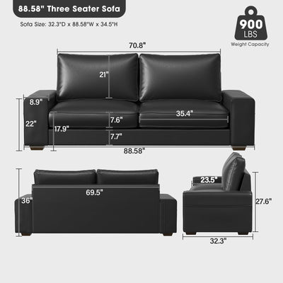 Faux Leather Couch, Mid Century Modern Comfy Loveseat Sofa with Wide Arm, Side Pockets, Solid Wooden Frame for Office, Living Room and Bedroom, 3 Seater (Black, 88.58 inches)