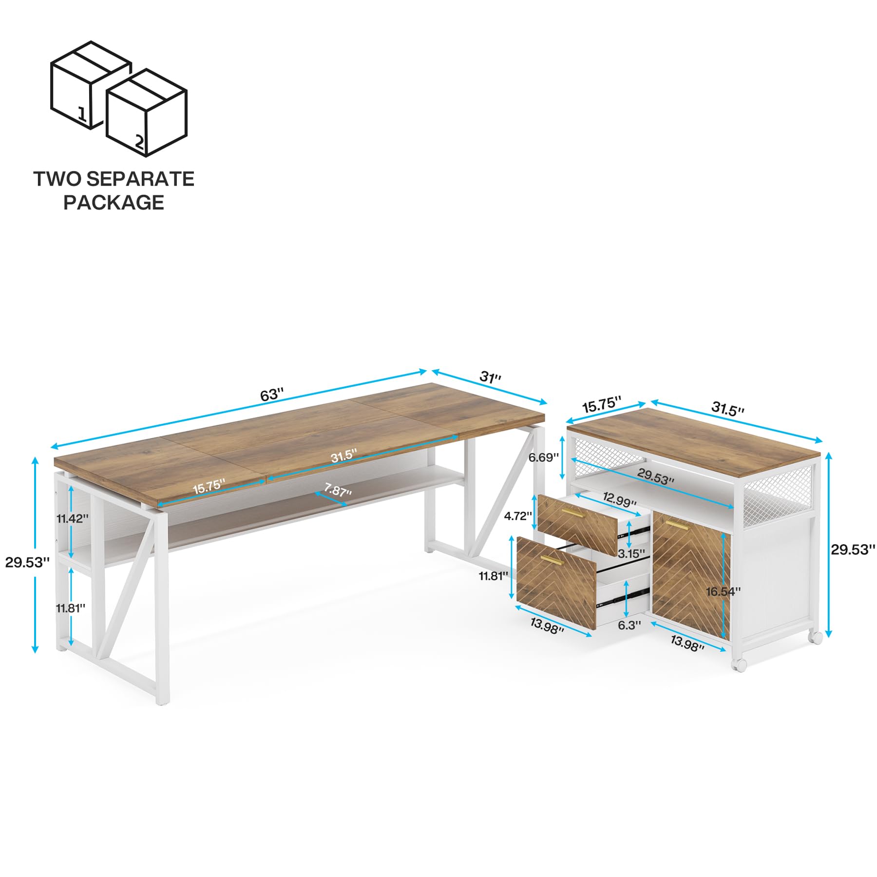 L Shaped Desk with Drawer,63" Executive Computer Desk and lateral File Cabinet, 2 Piece Home Office Furniture for Hanging File, Cabinet with Doors (Walnut, 63-inches)