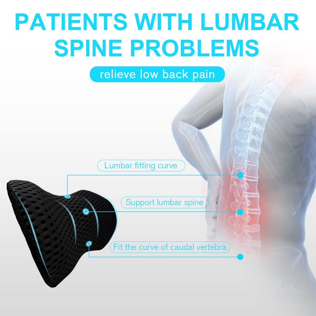 Lumbar Support Pillow for Office Chair, Memory Foam Lumbar Pillow for Lower Back Pain Relief (Black)