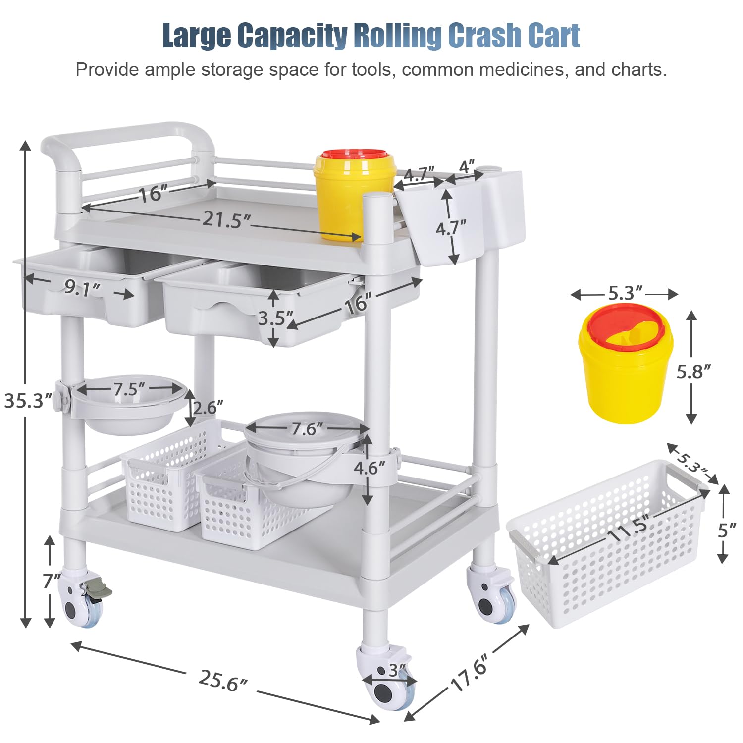 Medical Carts with Wheels 2 Tier Mobile Esthetician Cart 220 LBS Load Hospital Trolley Cart for Ultrasound Scanner Utility Cart with Bucket Sharp Box Storage Basket for Beauty Salon Dental Clinic Home